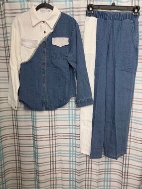 Two-Tone Denim Button-Up Shirt with Matching Side-Panel Pants - Blue & White